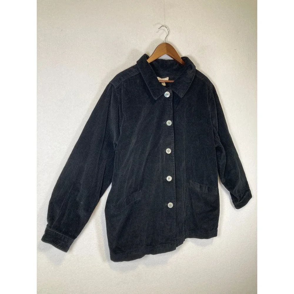 Dark‎ Academia Woman Within Womens 1X Black Corduroy Button Front Shacket Jacket
